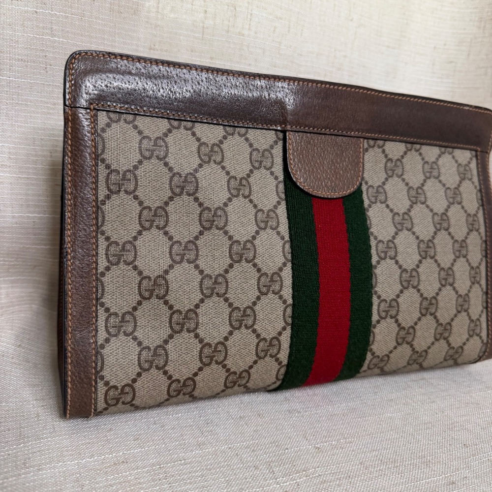Vintage Gucci Clutch GG Supreme Web Sherry Line Stripe Brown Leather Canvas Bag - Picture 3 of 13